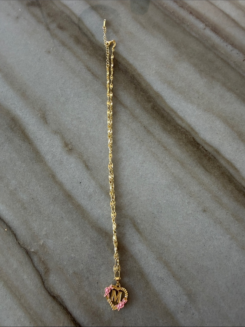Gold Heart Initial 'M' Pendant Necklace with Pink Flower Accents